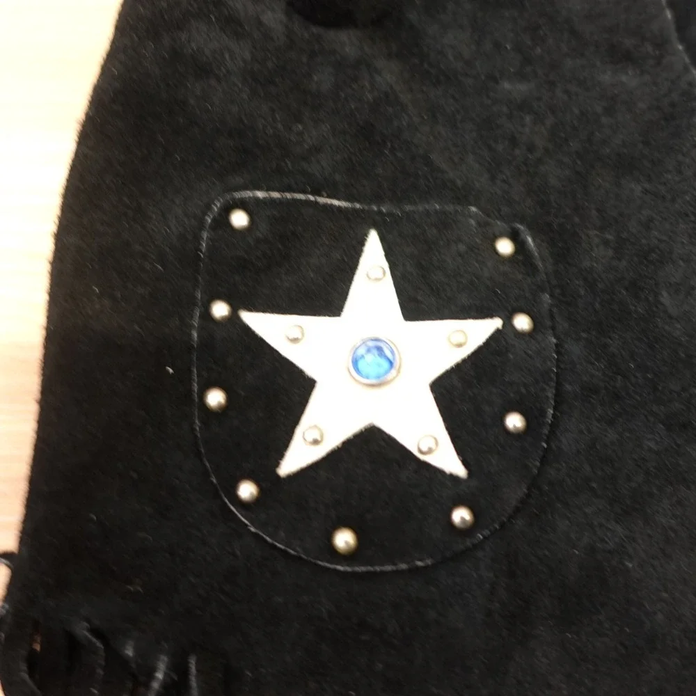 Vintage Cowboy‎ Vest Chaps Set Boys M Black Suede Studded Fringe Halloween USA